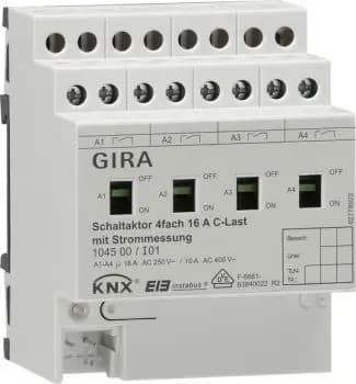 Gira 104500, 4-channel switch actuator 16 A, manual + current C-load, KNX REG